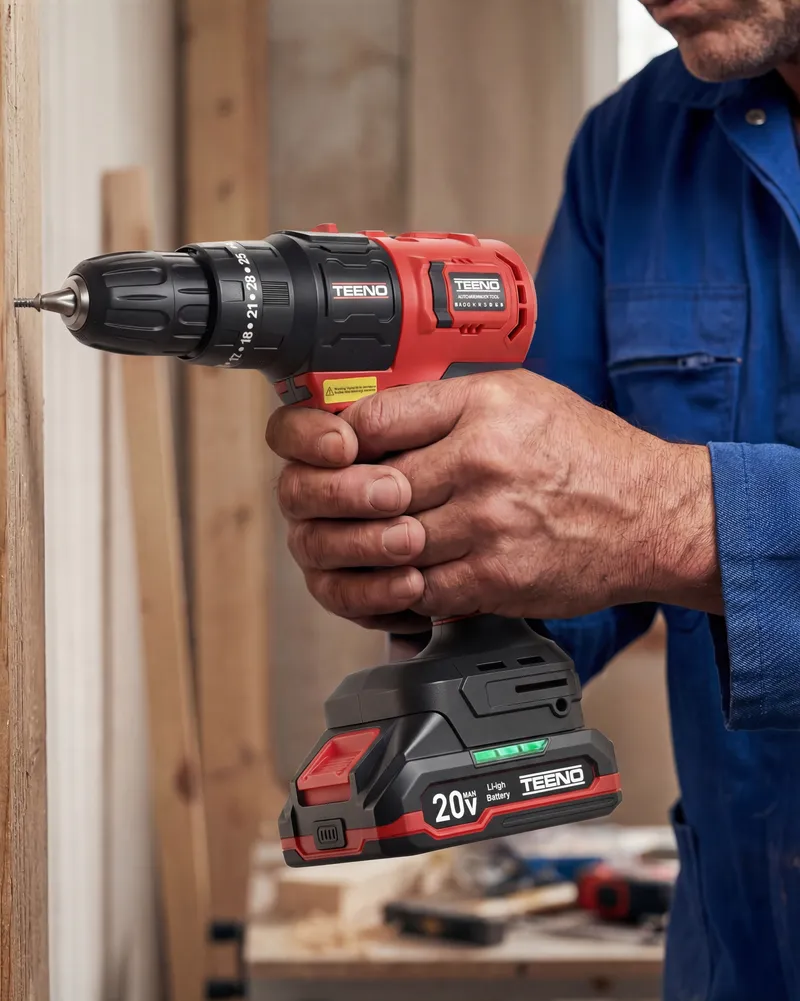 A worker holding the red TEENO 20V drill from the combo kit