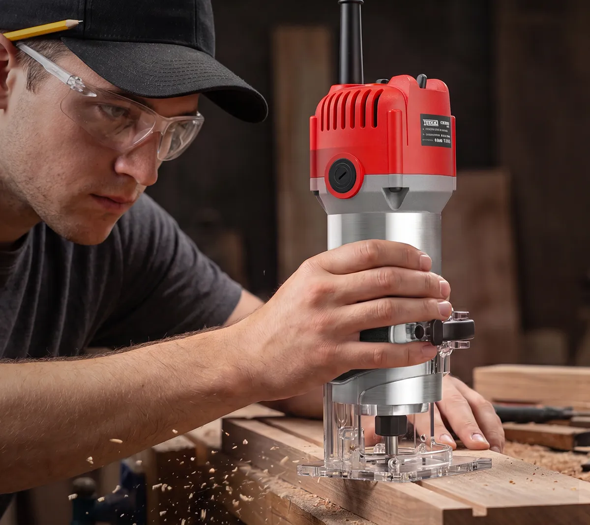 A woodworker in safety glasses guiding a red TEENO router along a board