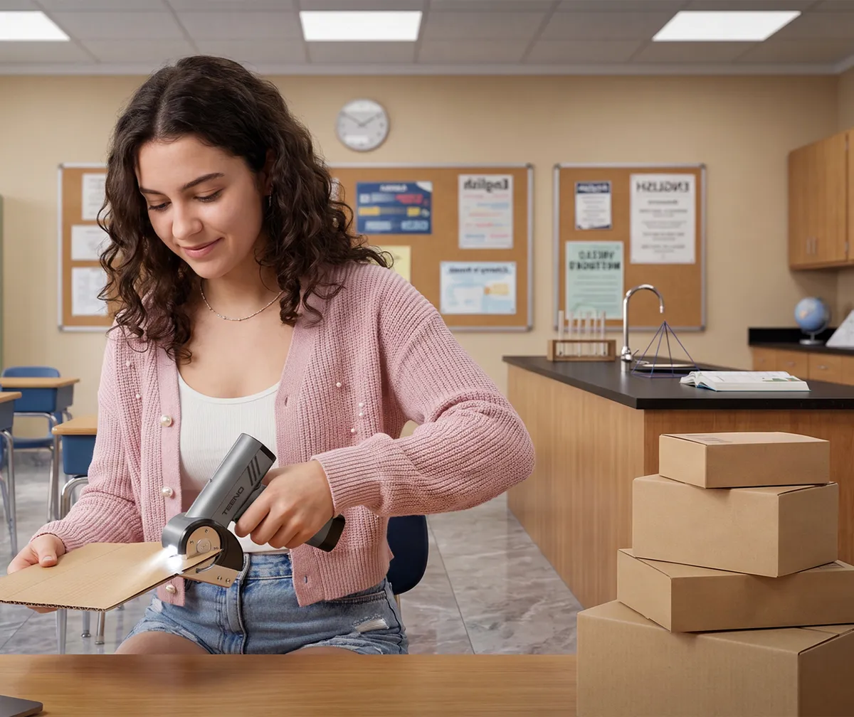 A woman cutting cardboard at a desk with the TEENO electric scissors