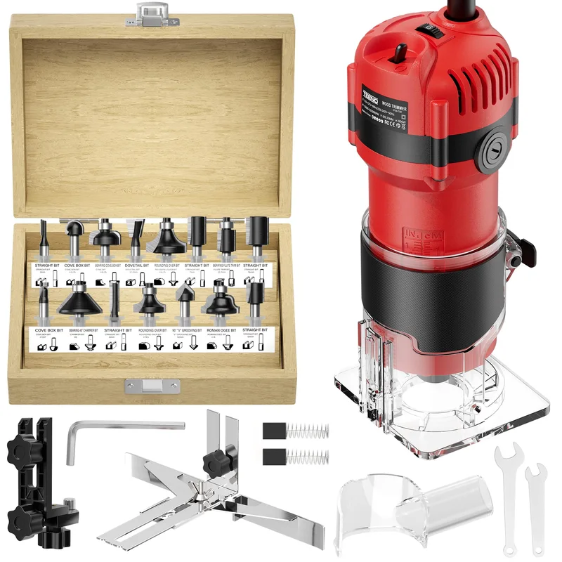 TEENO 1.25 HP Palm Router, Brown, bits in wood box, product photo